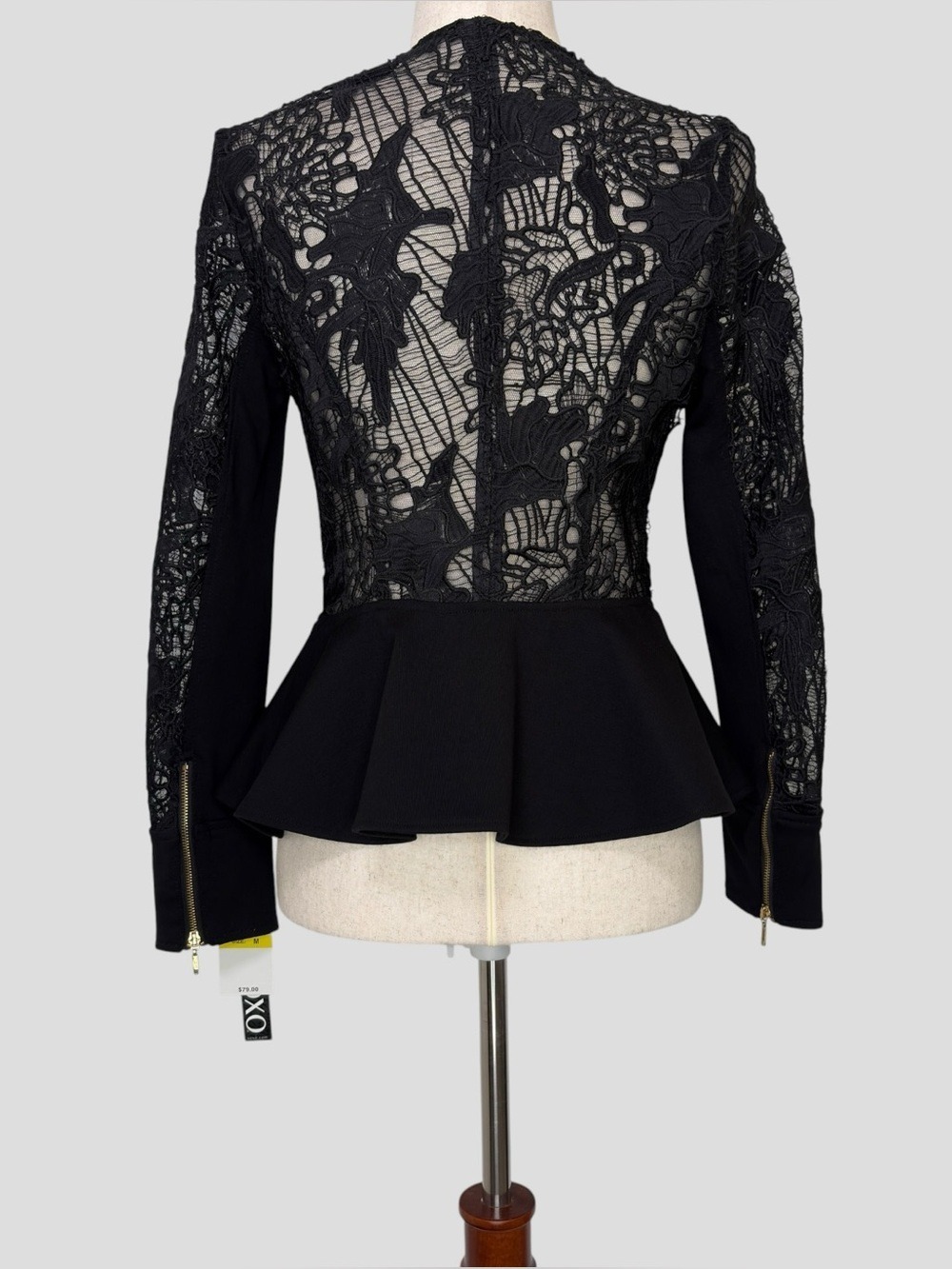 Black Peplum Jacket Size M With Sheer Lace Panels Y2K Corporate Goth Night Club - Picture 2 of 15